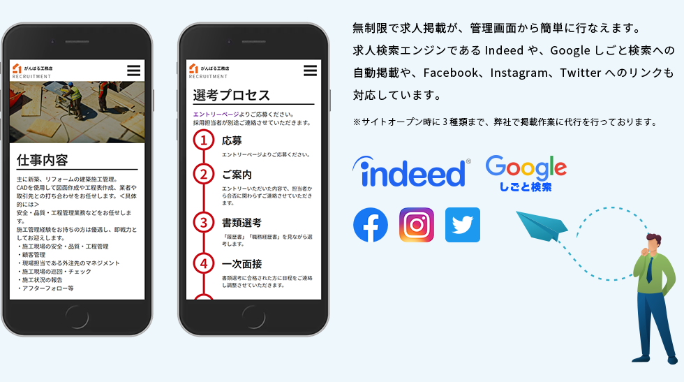 無制限で求人掲載、Indeed・SNS連携も。